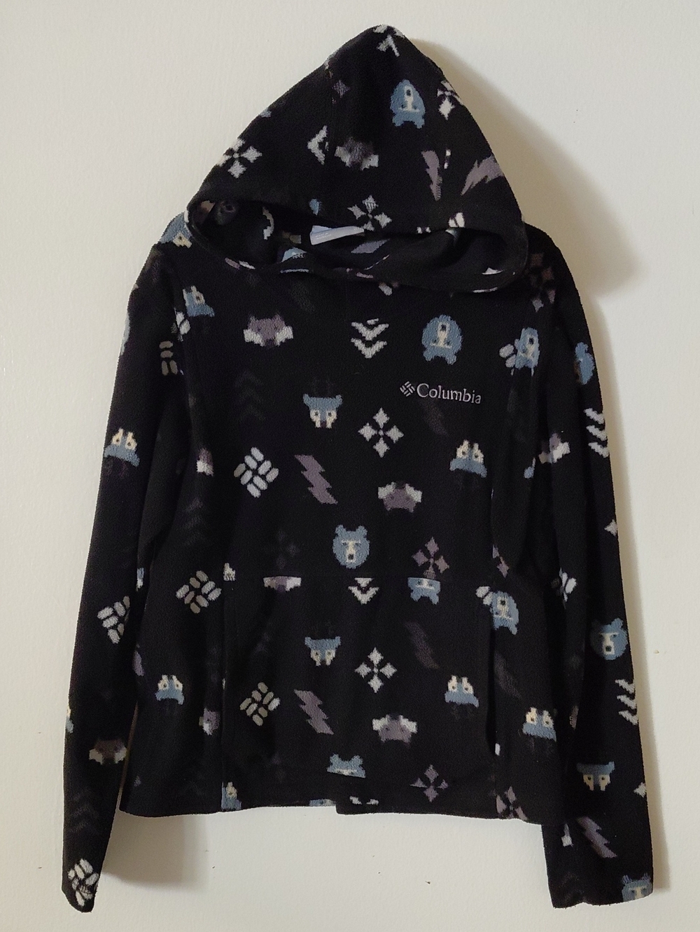 Columbia Kids Black Hoodie Jacket with Light Blue & Gray Pattern